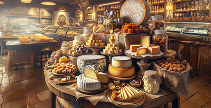 ilustração representando loja de queijos e doces, presentes em grande variedade em são lourenço
